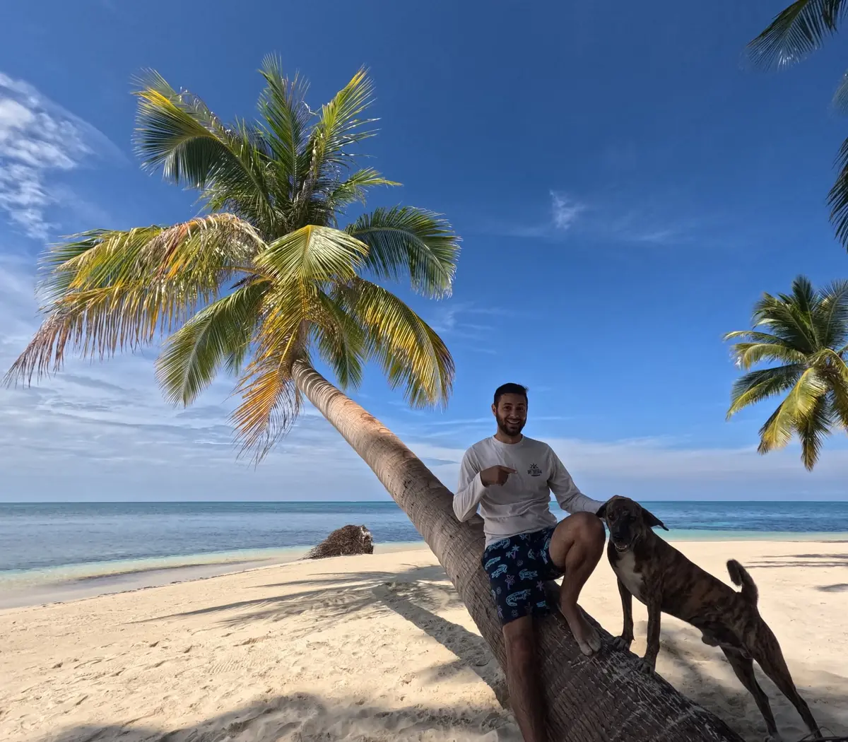 Kristiyan Rukov on a leaning palm tree on a Philippine beach, with a dog on the sand beside him